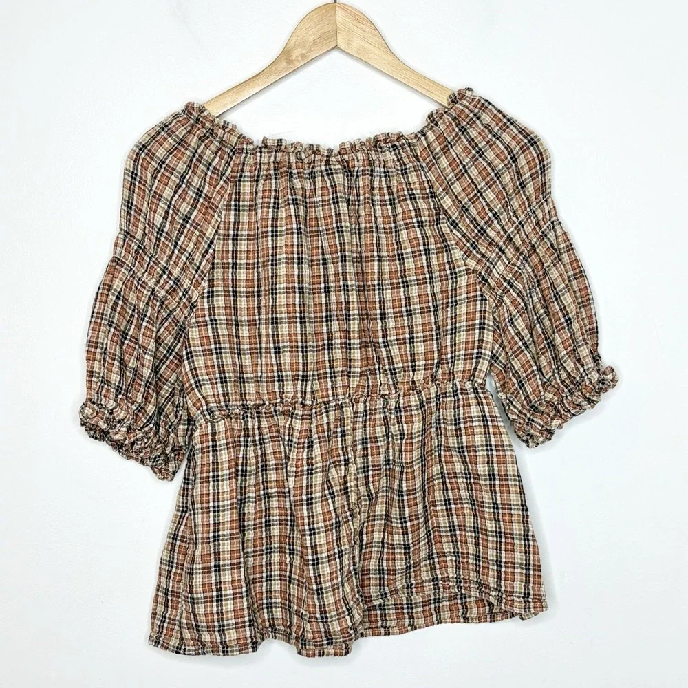 Old Navy Plaid Milkmaid Peasant Top Brown Womens M Academia Ruffled Preppy